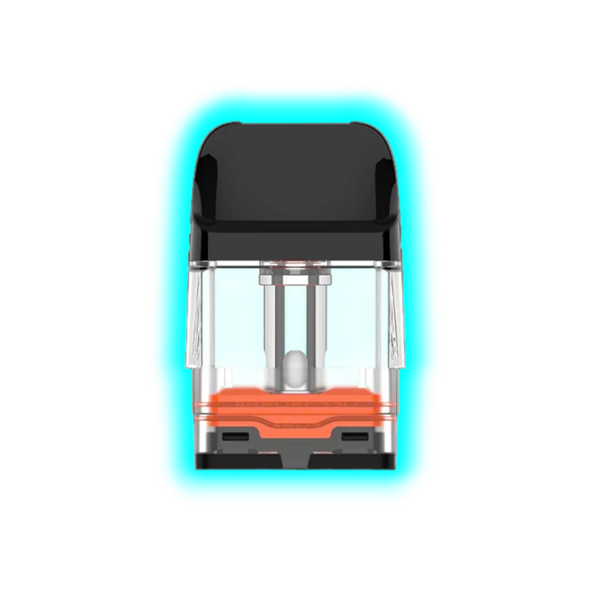 Pod mit schwarzem Mundstück und transparentem Tank mit orangefarbenem Element im Inneren