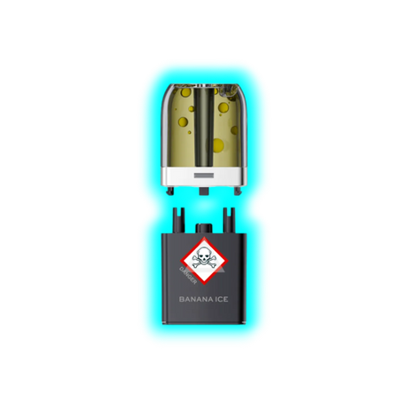 Nahaufnahme eines transparenten Pods mit gelblicher Flüssigkeit und eines schwarzen Containers mit Totenkopfsymbol 