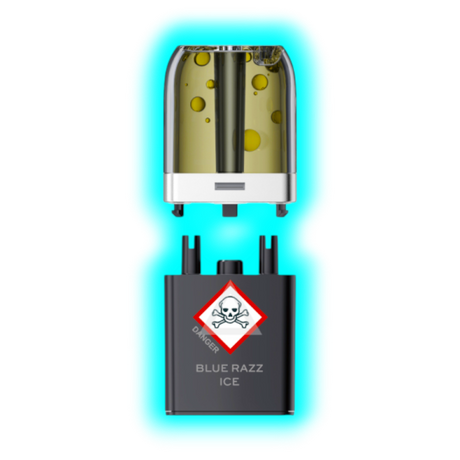 Nahaufnahme eines transparenten Pods mit gelblicher Flüssigkeit und eines schwarzen Containers mit Totenkopfsymbol 