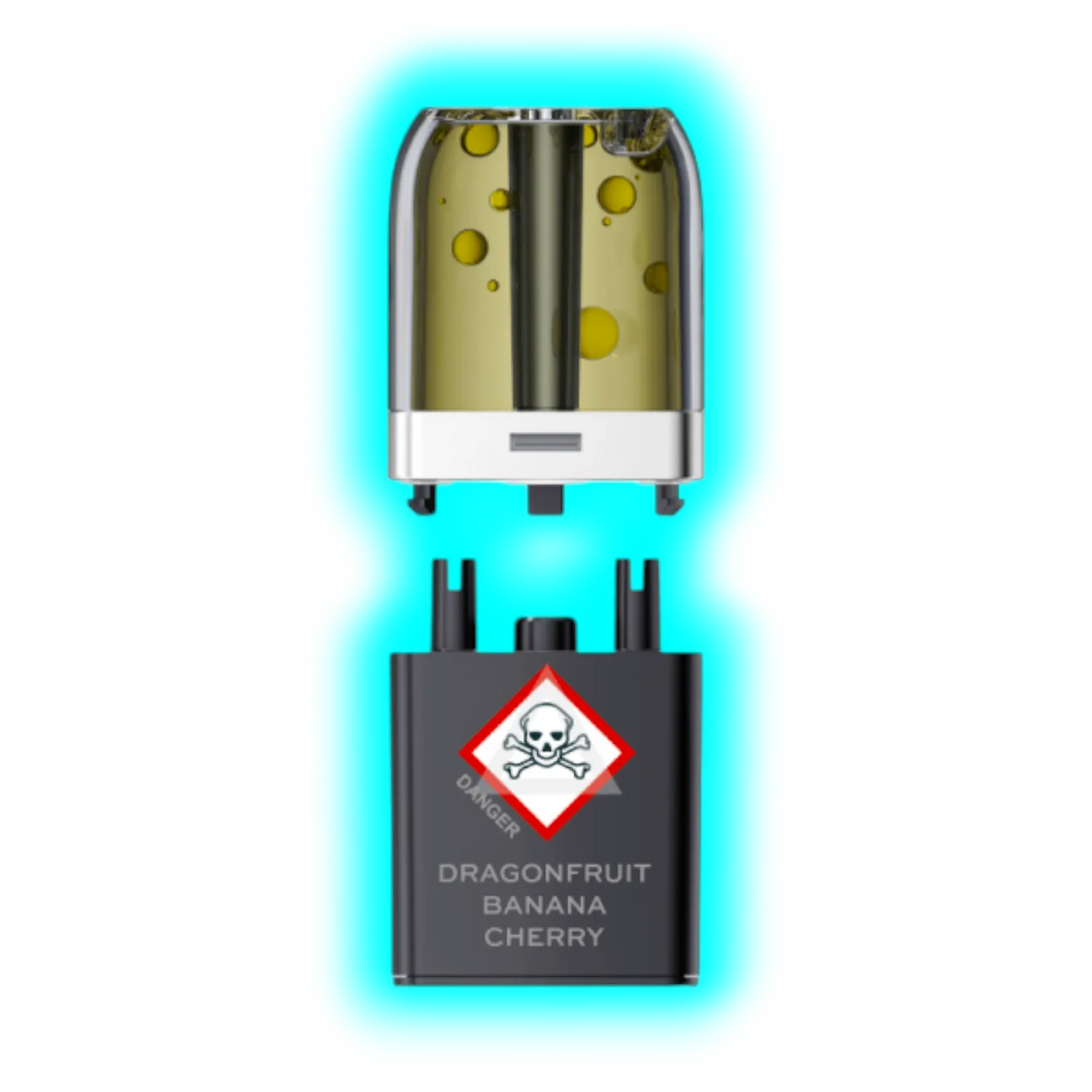 Nahaufnahme eines transparenten Pods mit gelblicher Flüssigkeit und eines schwarzen Containers mit Totenkopfsymbol 