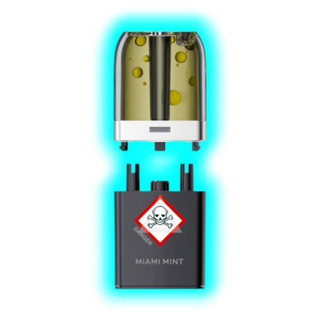 Nahaufnahme eines transparenten Pods mit gelblicher Flüssigkeit und eines schwarzen Containers mit Totenkopfsymbol 