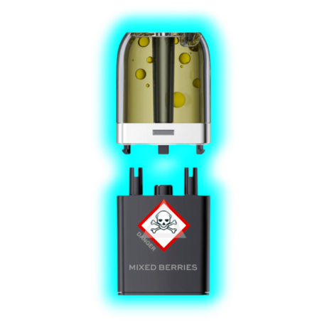 Nahaufnahme eines transparenten Pods mit gelblicher Flüssigkeit und eines schwarzen Containers mit Totenkopfsymbol 