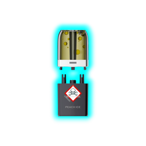 Nahaufnahme eines transparenten Pods mit gelblicher Flüssigkeit und eines schwarzen Containers mit Totenkopfsymbol und der Aufschrift 'PEACH ICE'