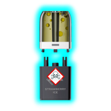 Nahaufnahme eines transparenten Pods mit gelblicher Flüssigkeit und eines schwarzen Containers mit Totenkopfsymbol 