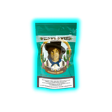 Verpackung mit der Aufschrift 'WILD WILD WEED' und 'AFGHAN SKUNK' mit Illustration einer Person in Cowboyhut und Halstuch vor Kakteen