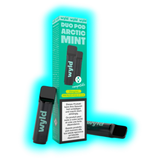 Zwei schwarze Wyld Duo Pod Arctic Mint E-Zigaretten vor und neben einer grünen Verpackung mit Warnhinweis