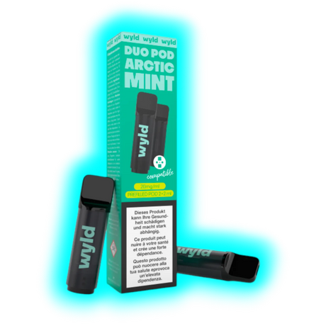 Zwei schwarze Wyld Duo Pod Arctic Mint E-Zigaretten vor und neben einer grünen Verpackung mit Warnhinweis