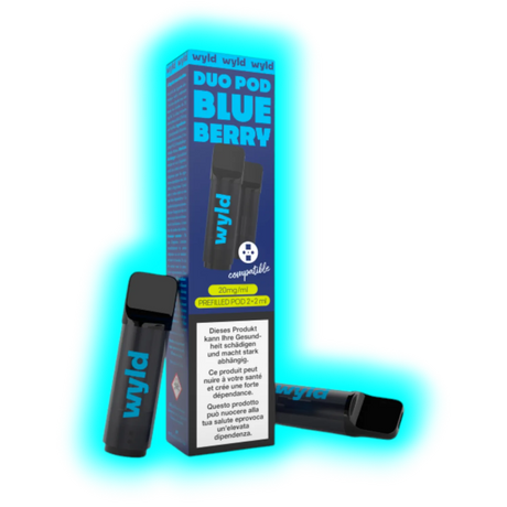 Zwei schwarze E-Zigaretten mit blauer Aufschrift 'wyld' neben einer Verpackung mit der Aufschrift 'DUO POD BLUEBERRY' und Warnhinweisen in mehreren Sprachen