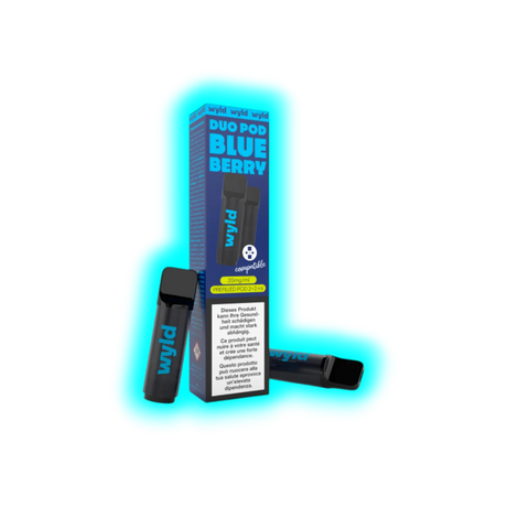 Zwei schwarze E-Zigaretten mit blauer Aufschrift 'wyld' neben einer Verpackung mit der Aufschrift 'DUO POD BLUEBERRY' und Warnhinweisen in mehreren Sprachen