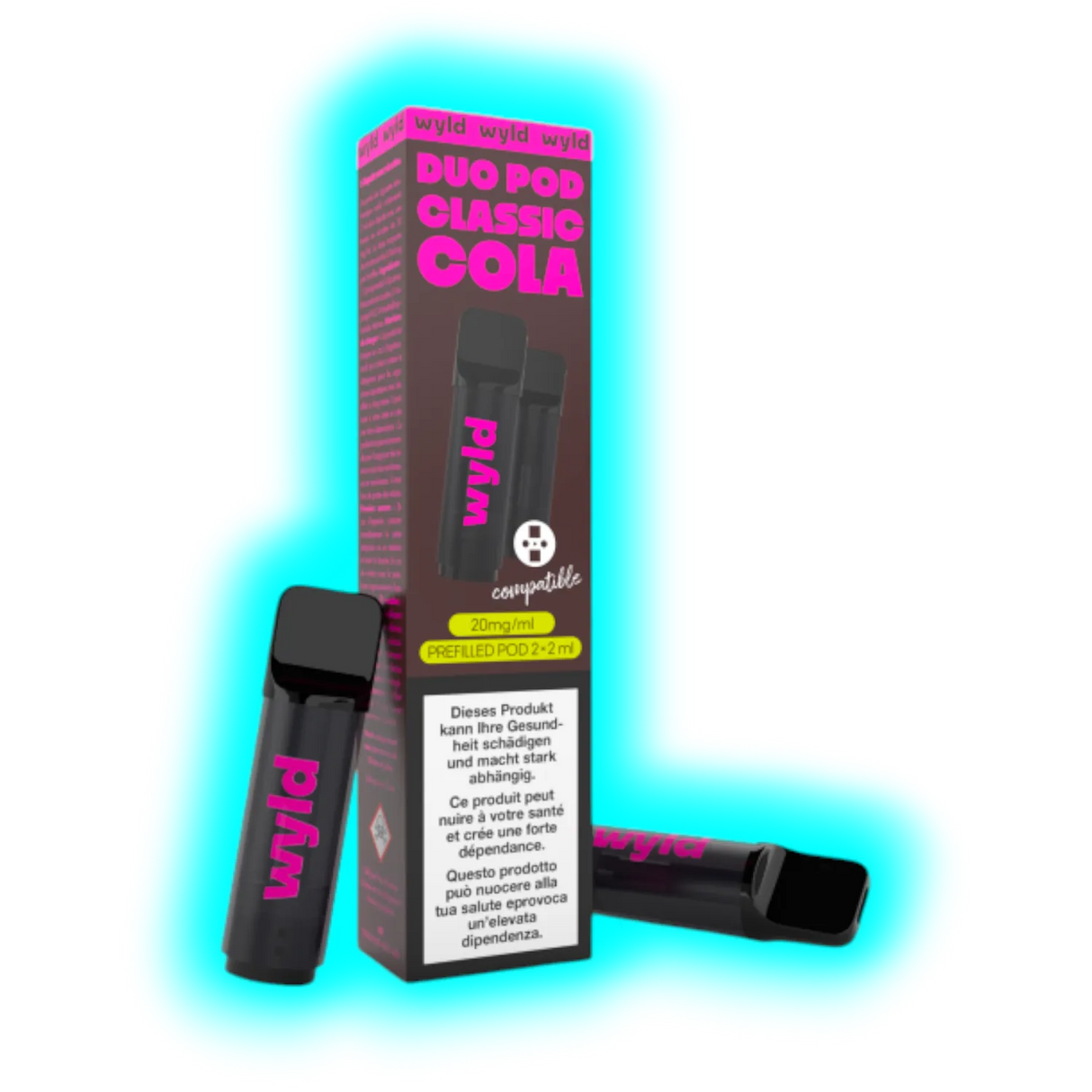 Zwei schwarze E-Zigaretten mit pinker Aufschrift 'wyld' neben einer Verpackung mit der Aufschrift 'DUO POD CLASSIC COLA' und Warnhinweisen in mehreren Sprachen