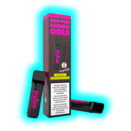 Zwei schwarze E-Zigaretten mit pinker Aufschrift 'wyld' neben einer Verpackung mit der Aufschrift 'DUO POD CLASSIC COLA' und Warnhinweisen in mehreren Sprachen