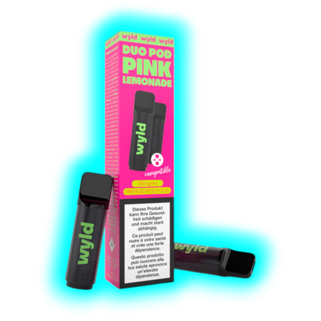 Zwei schwarze E-Zigaretten mit grünem Schriftzug "wyld" neben einer pinken Verpackung mit der Aufschrift "DUO POD PINK LEMONADE"
