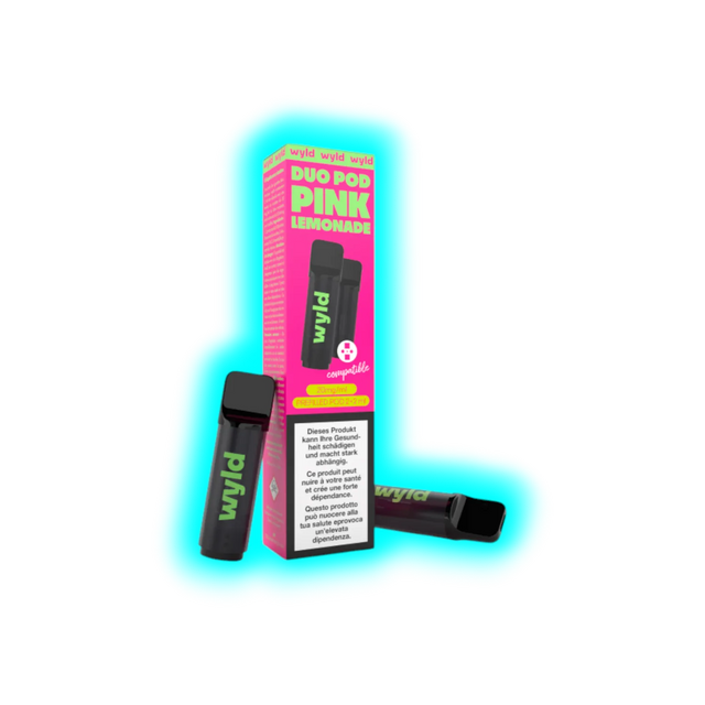Zwei schwarze E-Zigaretten mit grünem Schriftzug "wyld" neben einer pinken Verpackung mit der Aufschrift "DUO POD PINK LEMONADE"