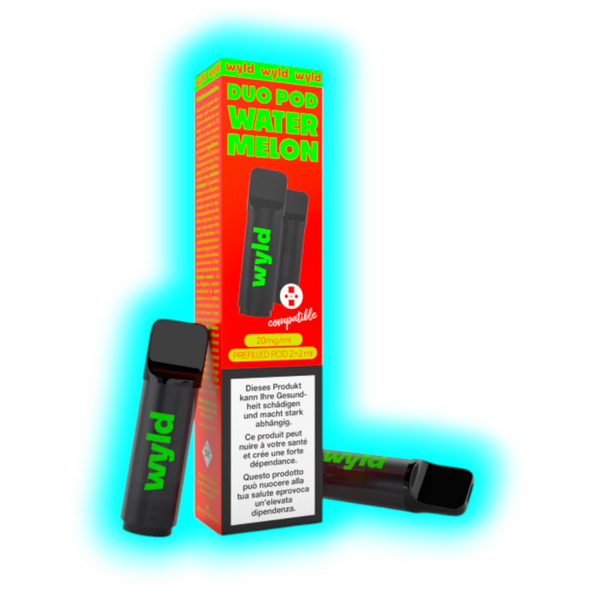 Zwei schwarze Wyld Duo Pod E-Zigaretten mit grünem Schriftzug und eine rote Verpackung mit der Aufschrift 'DUO POD WATER MELON'