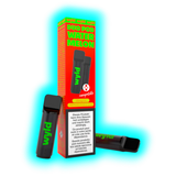 Zwei schwarze Wyld Duo Pod E-Zigaretten mit grünem Schriftzug und eine rote Verpackung mit der Aufschrift 'DUO POD WATER MELON'