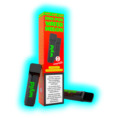 Zwei schwarze Wyld Duo Pod E-Zigaretten mit grünem Schriftzug und eine rote Verpackung mit der Aufschrift 'DUO POD WATER MELON'