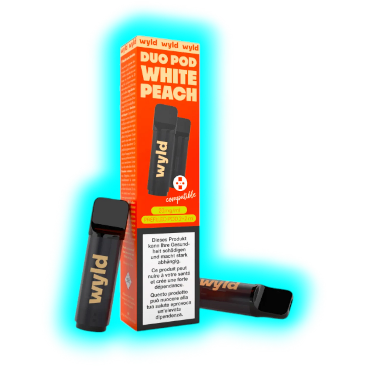 Zwei schwarze Wyld Duo Pod White Peach E-Zigaretten mit oranger Verpackung und Warnhinweis