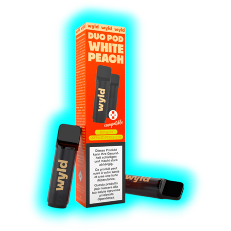 Zwei schwarze Wyld Duo Pod White Peach E-Zigaretten mit oranger Verpackung und Warnhinweis