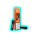 Zwei schwarze Wyld Duo Pod White Peach E-Zigaretten mit oranger Verpackung und Warnhinweis