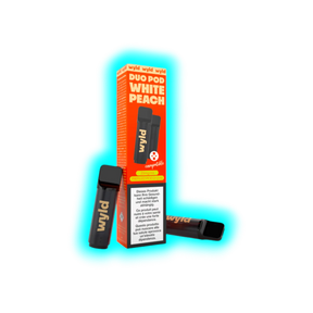 Zwei schwarze Wyld Duo Pod White Peach E-Zigaretten mit oranger Verpackung und Warnhinweis