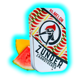 Rechteckige Metalldose mit Specht-Illustration, Aufschrift ZUNDER ZAHNSTOCHER 80x MELON und Abbildung eines Wassermelonenstücks
