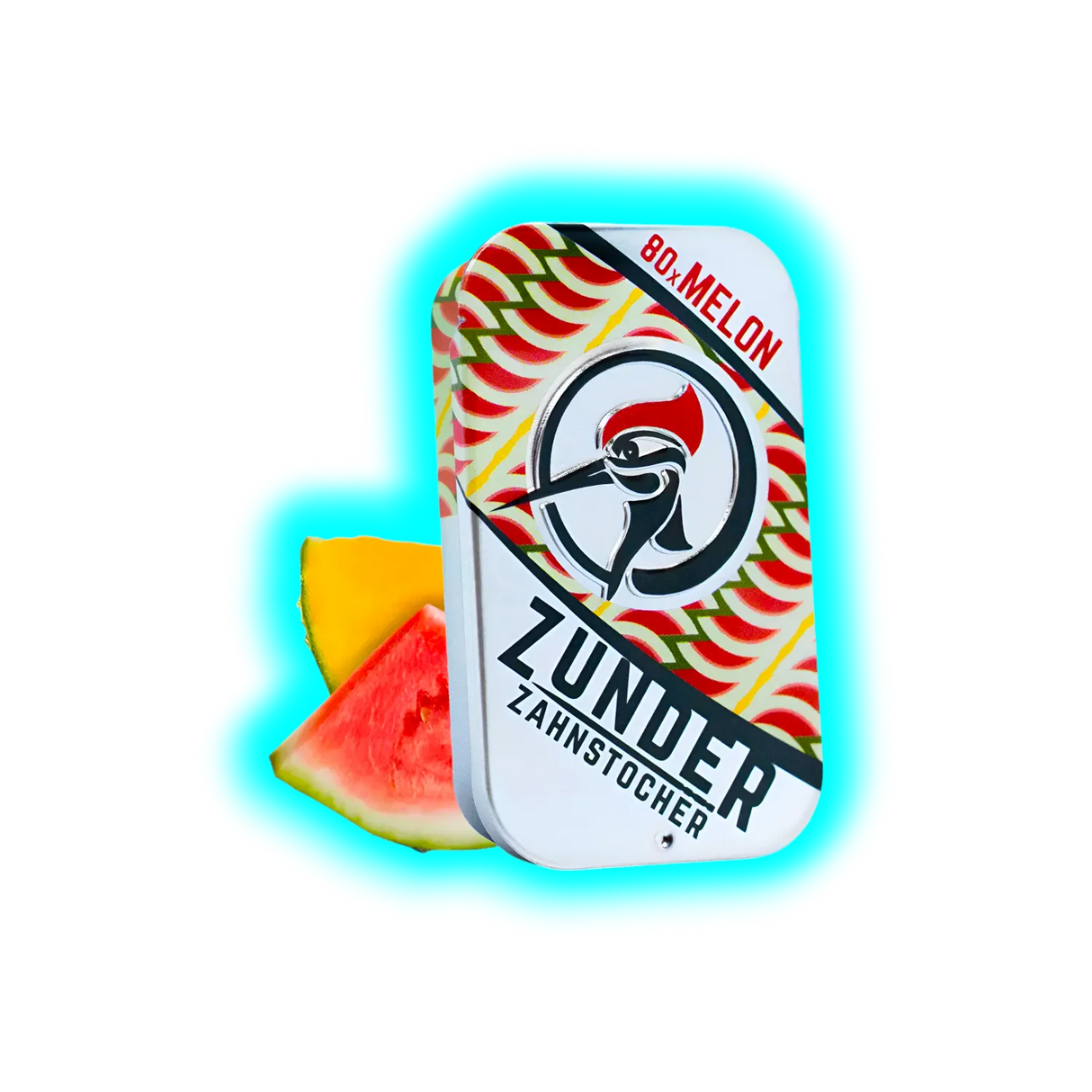 Rechteckige Metalldose mit Aufdruck eines Spechts und der Aufschrift 'ZUNDER ZAHNSTOCHER 80x MELON' neben einem Stück Wassermelone
