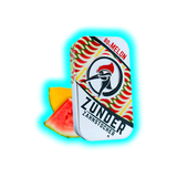 Rechteckige Metalldose mit Aufdruck eines Spechts und der Aufschrift 'ZUNDER ZAHNSTOCHER 80x MELON' neben einem Stück Wassermelone