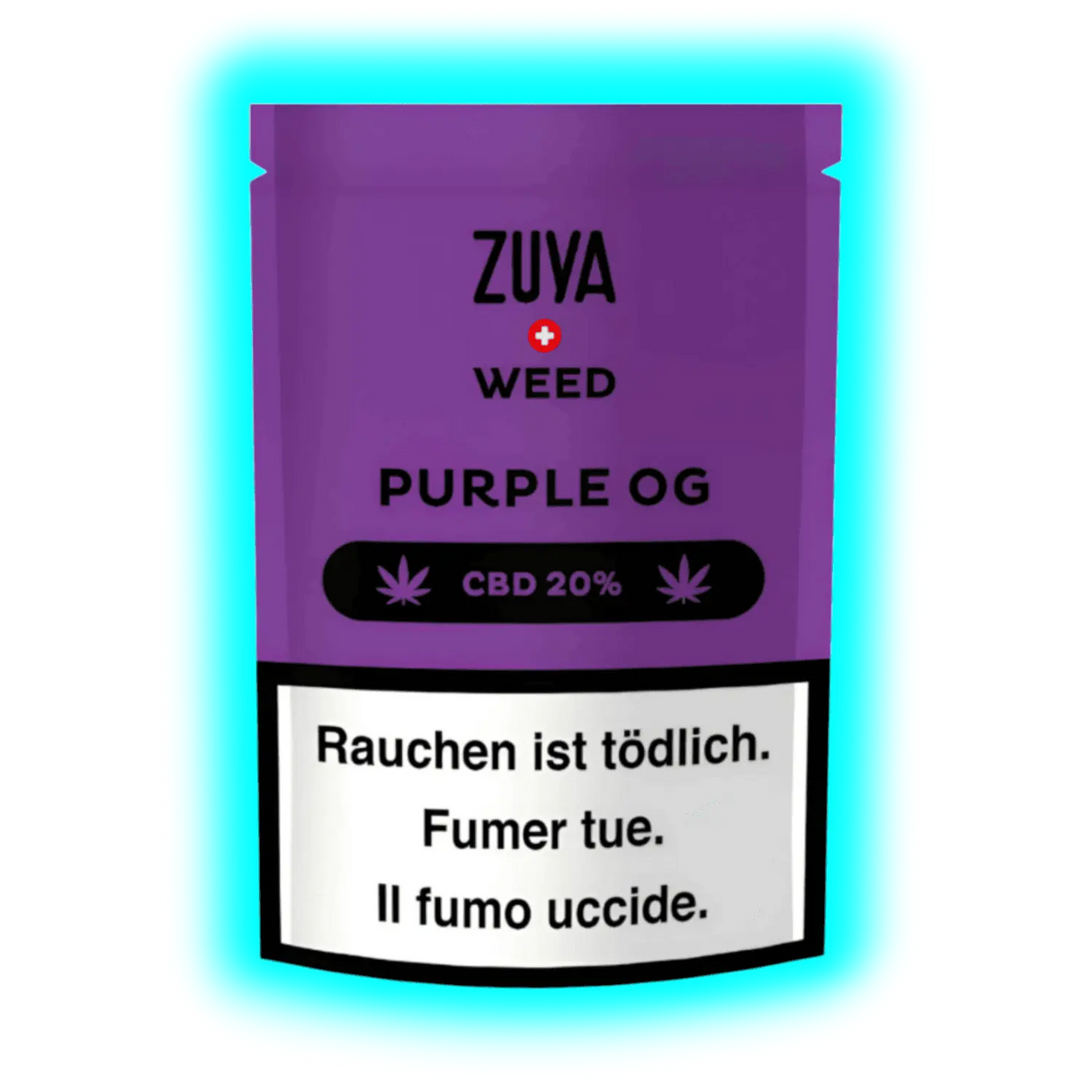 „Lila ‚ZUYA WEED PURPLE OG‘ Packung mit 20% CBD-Angabe und dem dreisprachigen Warnhinweis ‚Rauchen ist tödlich‘ (DE/FR/IT).“