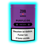 „Lila ‚ZUYA WEED PURPLE OG‘ Packung mit 20% CBD-Angabe und dem dreisprachigen Warnhinweis ‚Rauchen ist tödlich‘ (DE/FR/IT).“