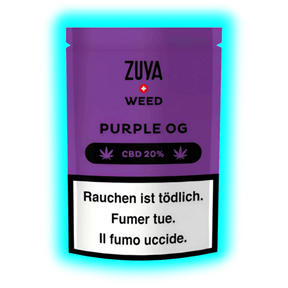 „Lila ‚ZUYA WEED PURPLE OG‘ Packung mit 20% CBD-Angabe und dem dreisprachigen Warnhinweis ‚Rauchen ist tödlich‘ (DE/FR/IT).“