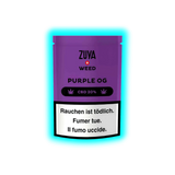 Lila Verpackung mit der Aufschrift 'ZUYA WEED PURPLE OG CBD 20%' und Warnhinweis in Deutsch, Französisch und Italienisch 'Rauchen ist tödlich. Fumer tue. Il fumo uccide.'