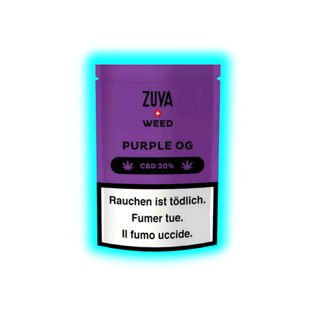 Lila Verpackung mit der Aufschrift 'ZUYA WEED PURPLE OG CBD 20%' und Warnhinweis in Deutsch, Französisch und Italienisch 'Rauchen ist tödlich. Fumer tue. Il fumo uccide.'