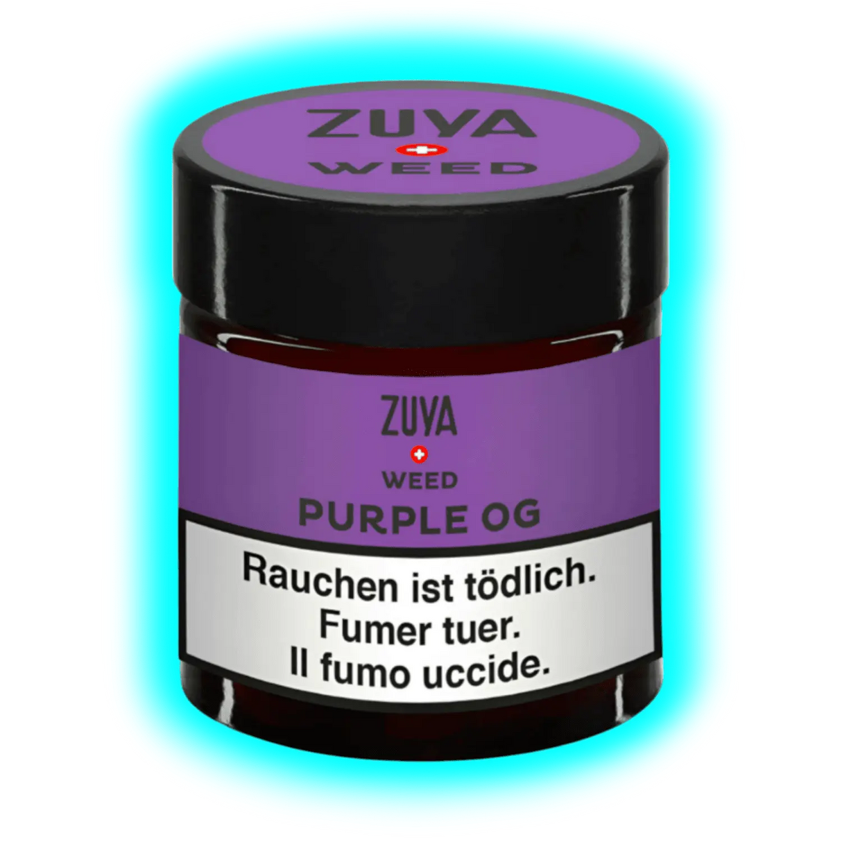 Nahaufnahme: ZUYA Purple OG. Lila Branding auf Glas mit schwarzem Verschluss über der gesetzlichen Warnung ‚Rauchen ist tödlich