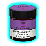 Nahaufnahme: ZUYA Purple OG. Lila Branding auf Glas mit schwarzem Verschluss über der gesetzlichen Warnung ‚Rauchen ist tödlich